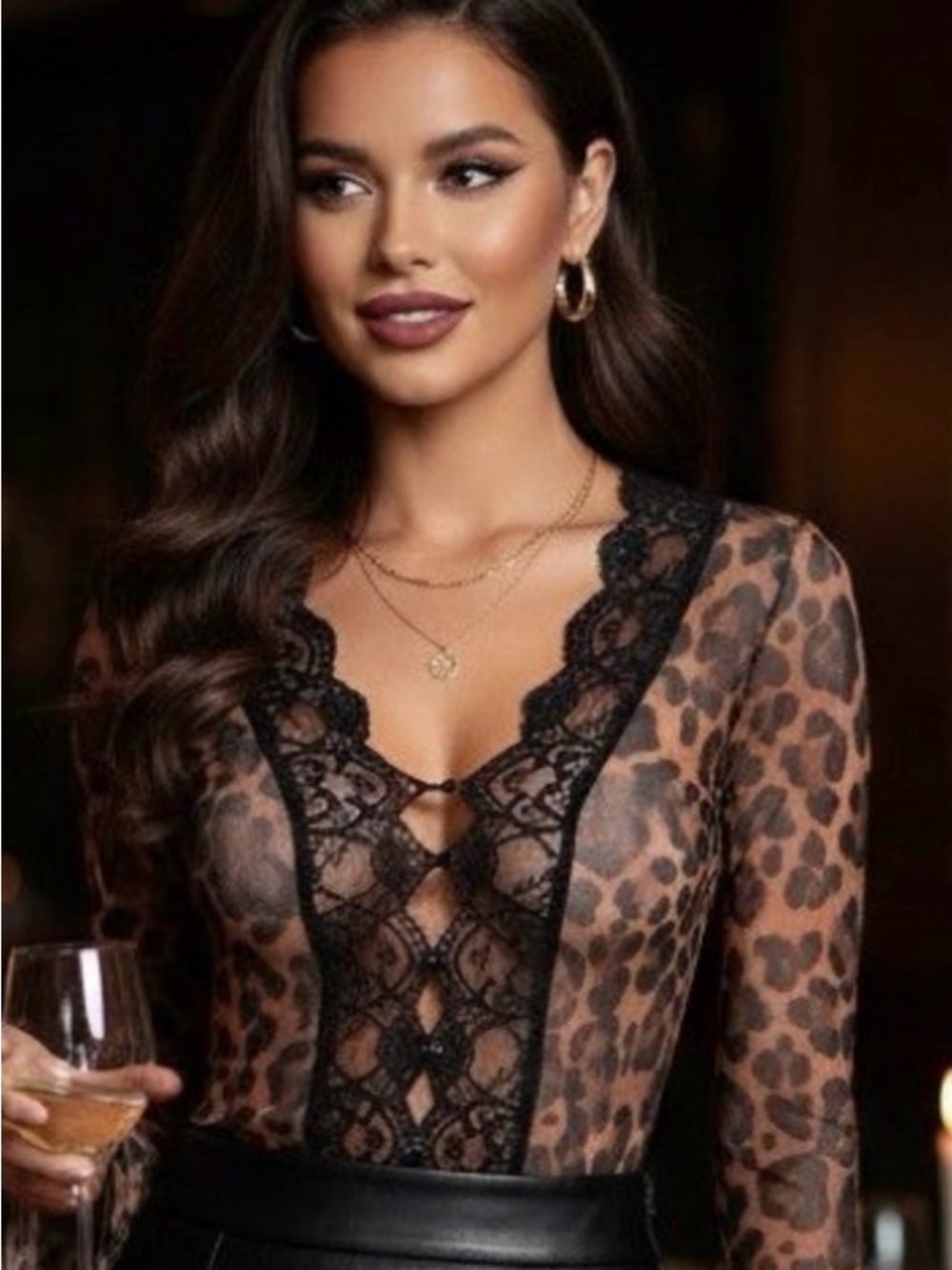 Commense Leopard Print Lace Trim Button-Down Shirt in Brown and Black